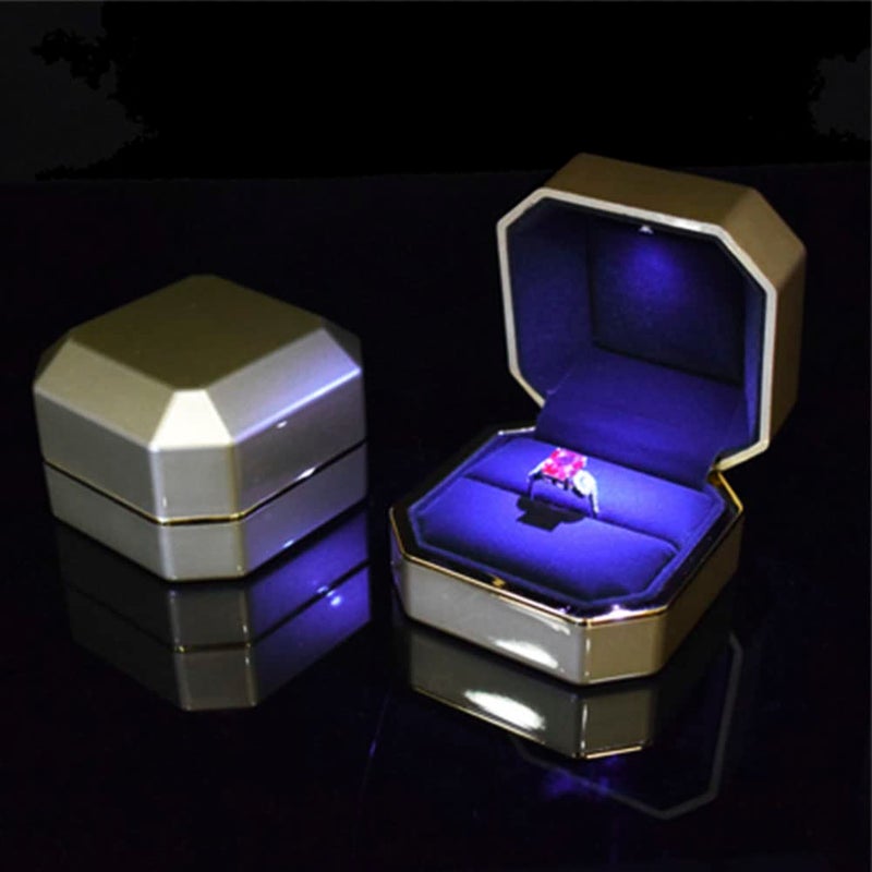 AVESON Luxury Ring Box, Square Velvet Wedding Ring Case Jewelry Gift Box with LED Light for Proposal Engagement Wedding, Gold - Image 5